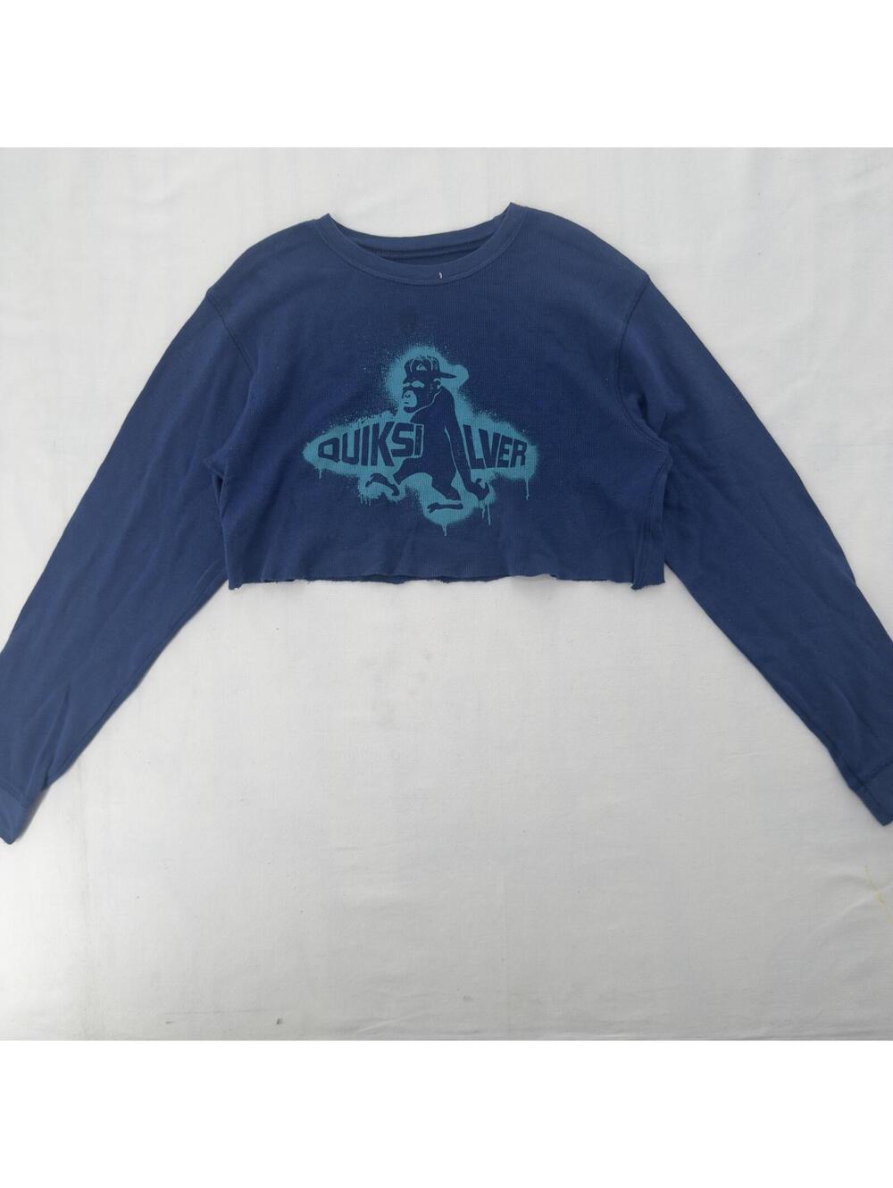 Vintage Quiksilver Custom Hand Cropped Blue Thermal Long Sleeve Graphic Tee XL